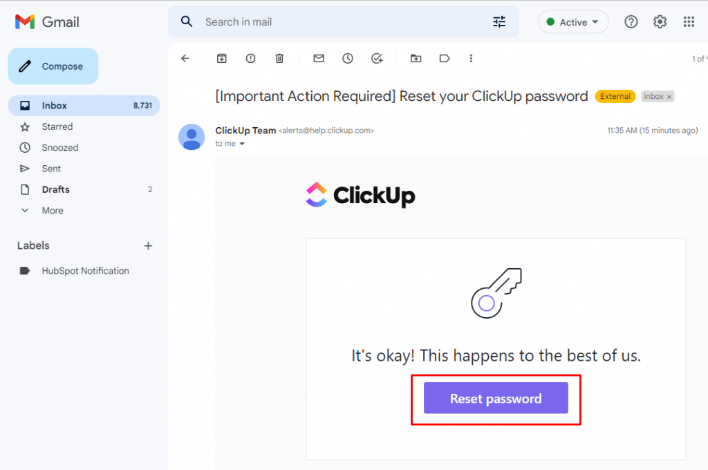 Hướng dẫn lấy lại mật khẩu ClickUp - Bước 4.2 - Mở email từ ClickUp và click vào nút Đặt lại mật khẩu (Reset password)
